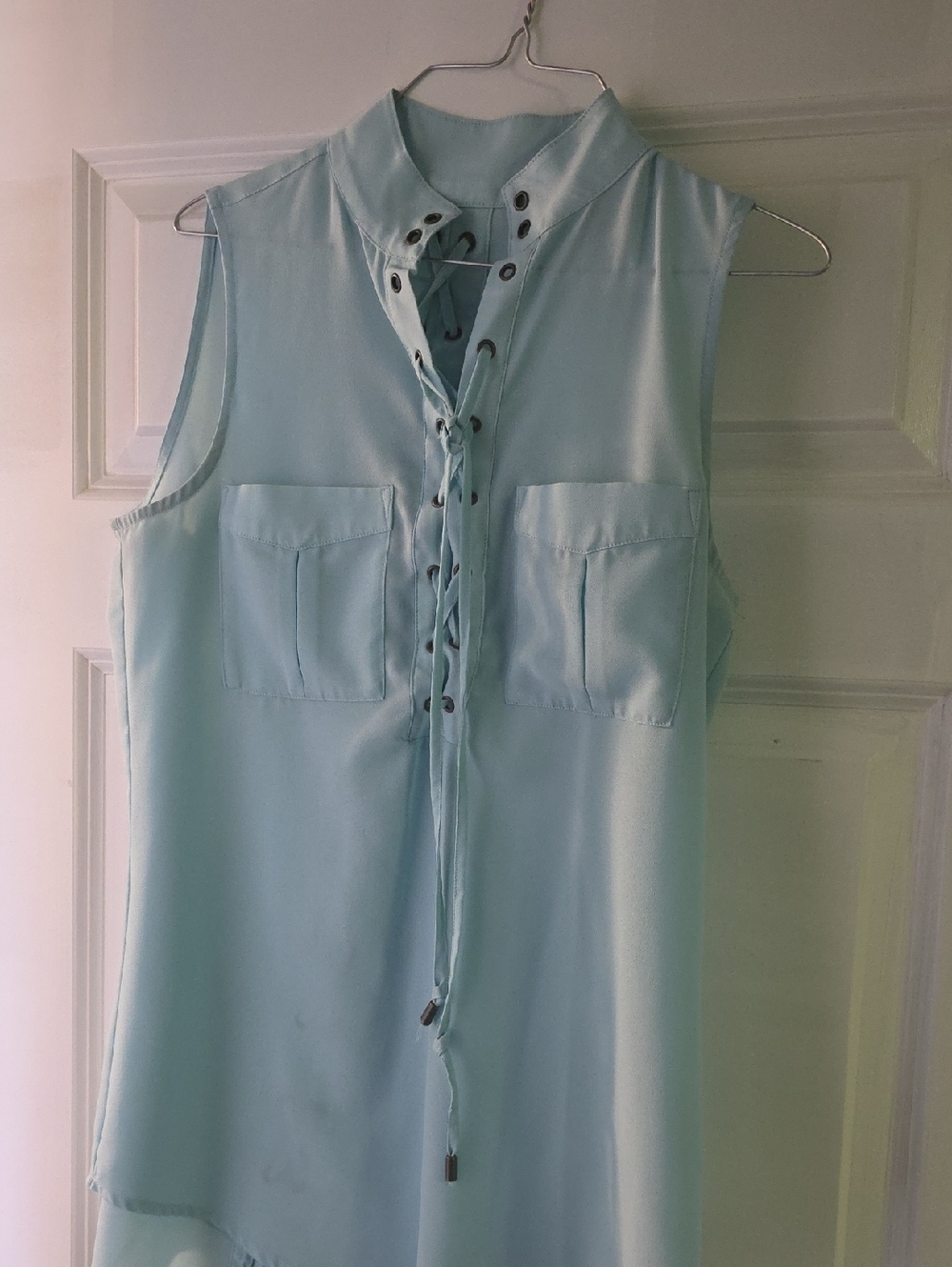 Sleeveless Lace-Up Front & Back Blouse in Light Aqua